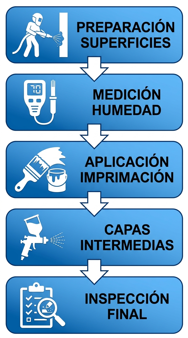 Diagrama de flujo vertical de cinco etapas para aplicar recubrimientos industriales y marinos: preparación, medición, imprimación, capas y inspección.