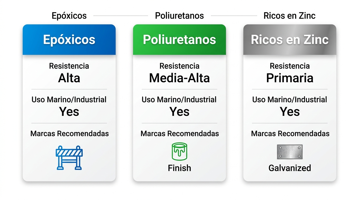 Infografía horizontal comparando recubrimientos epóxicos, poliuretanos y ricos en zinc con resistencias a corrosión, usos marinos e industriales y marcas recomendadas