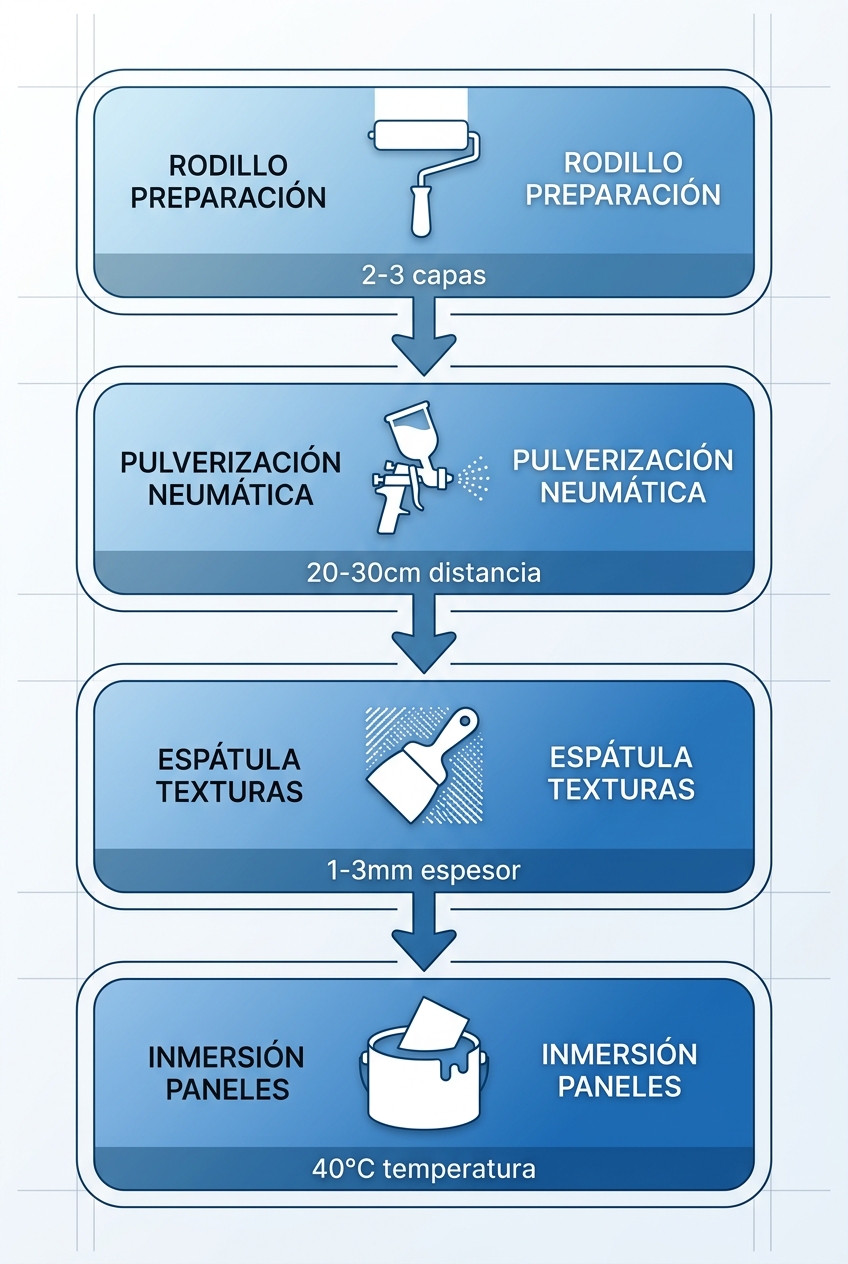 Diagrama de flujo vertical de cuatro técnicas de aplicación de acabados decorativos: rodillo, pulverización, espátula e inmersión.