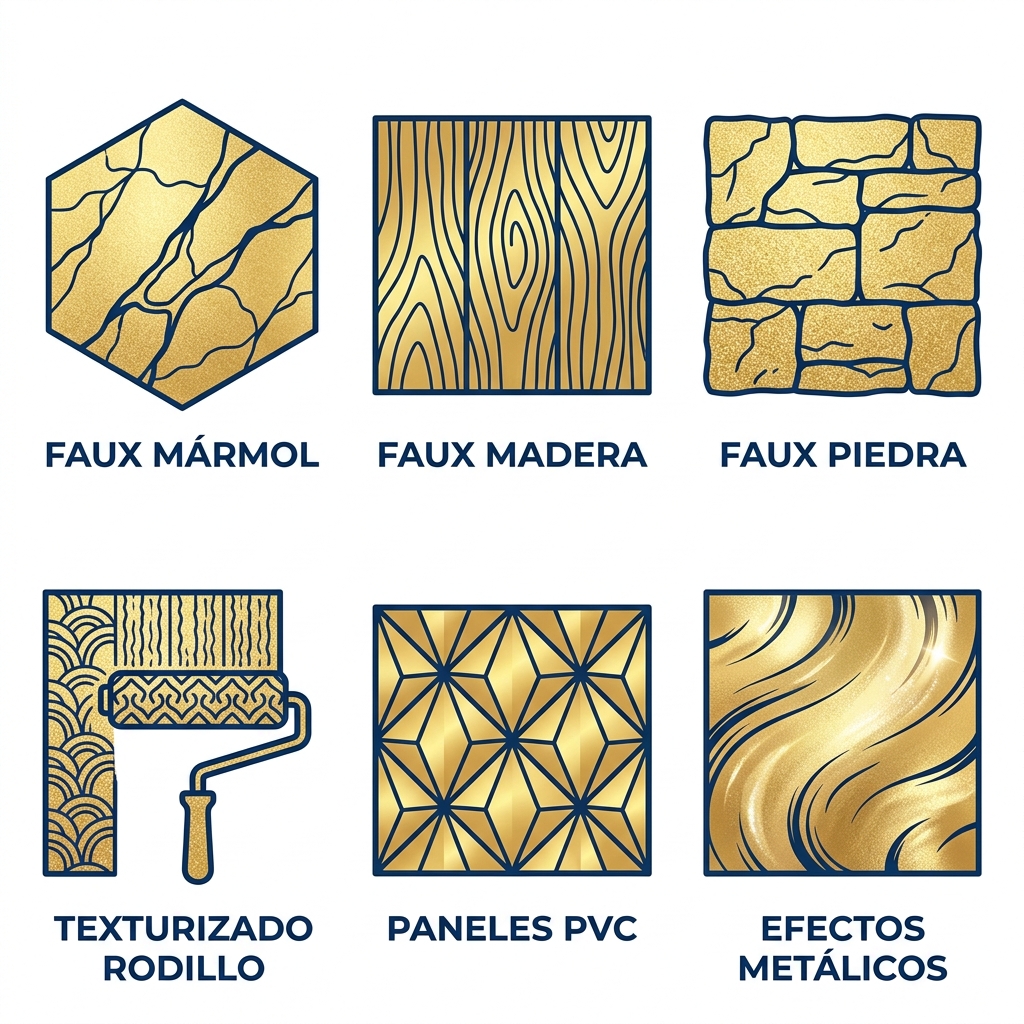 Cuadrícula 2x3 de iconos de acabados decorativos para interiores: faux mármol, madera, piedra, texturizados rodillo, paneles PVC y efectos perlados en azul y dorado.