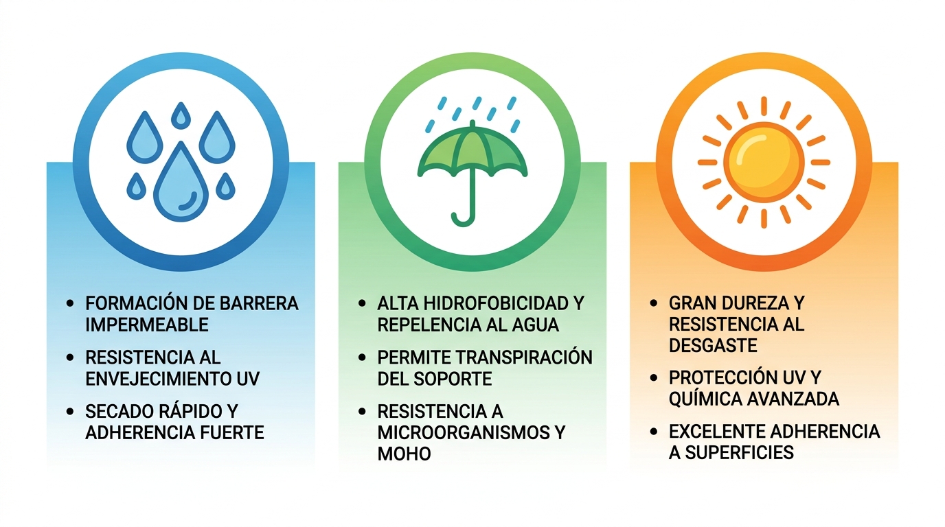 Infografu00eda de tres tipos de protectores de fachadas: acru00edlicos, siliconados y epu00f3xicos para climas hu00famedos venezolanos.