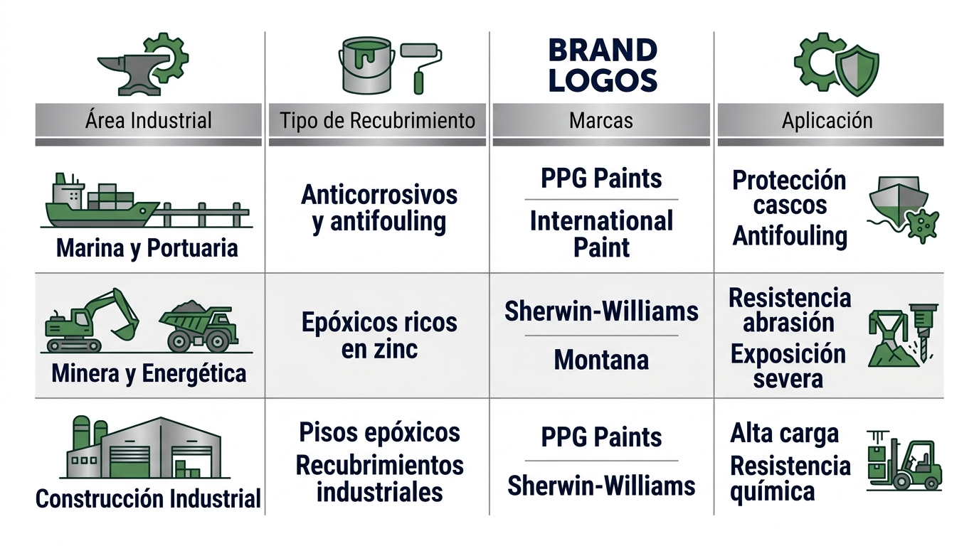Infografía comparativa de recubrimientos industriales por sector en Venezuela con iconos y datos clave