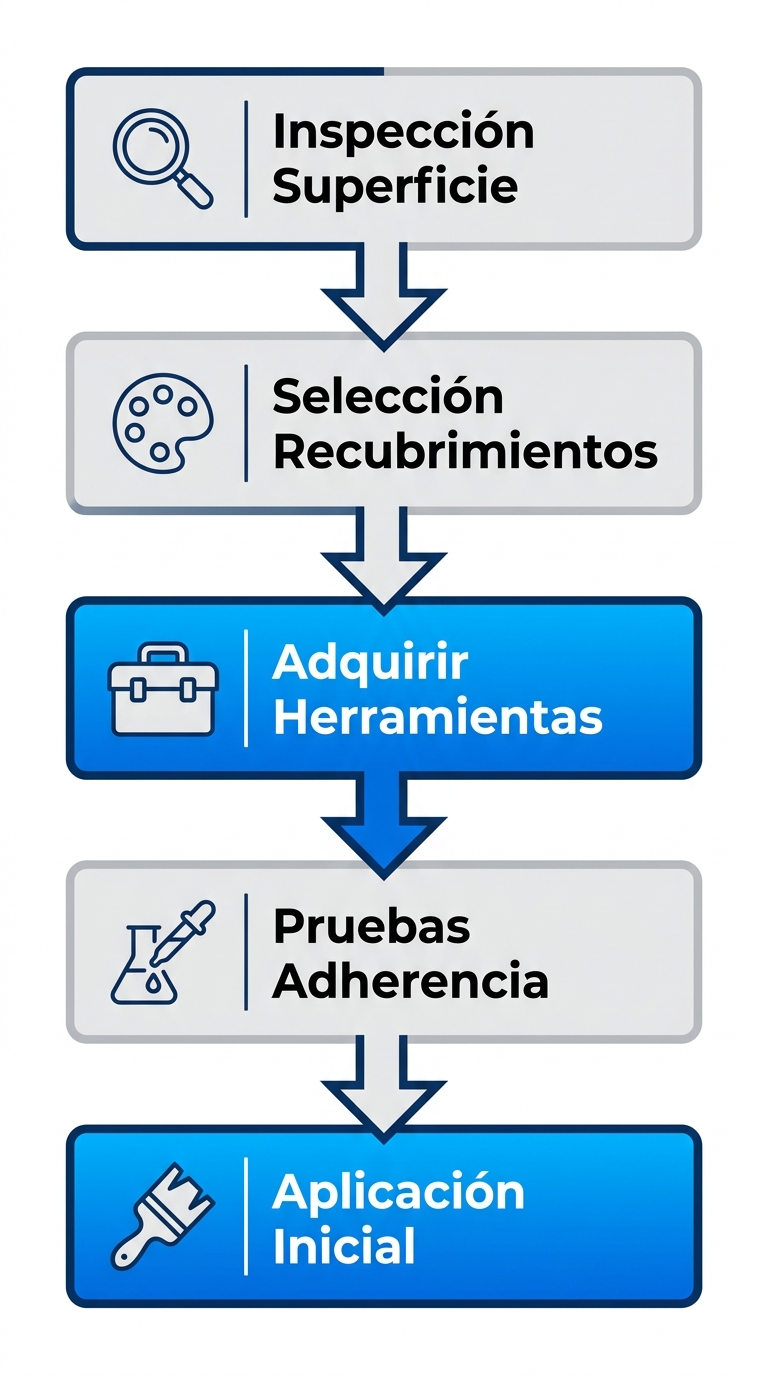 Diagrama de flujo vertical de cinco etapas iniciales para proyectos de recubrimientos: inspección, selección, adquisición, pruebas y aplicación con íconos representativos