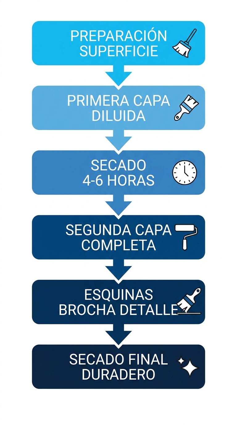 Diagrama de flujo vertical de seis etapas para aplicar pinturas lavables en interiores con acabado duradero
