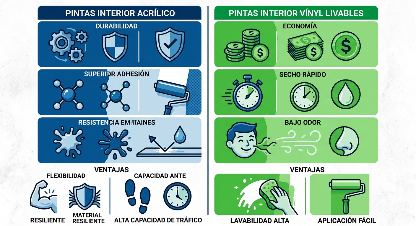 Infografía comparativa de pinturas acrílicas y vinílicas para interiores, destacando ventajas con íconos en columnas azul y verde.