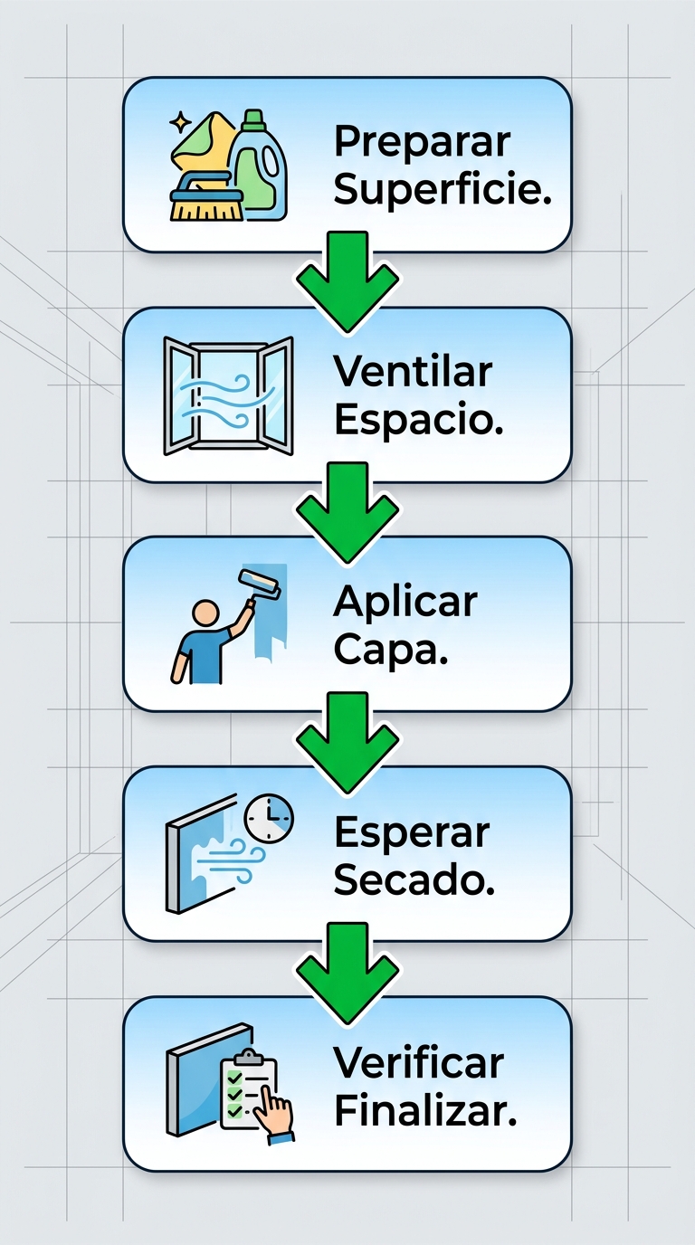 Diagrama de flujo vertical de cinco etapas para la aplicación correcta de pinturas de bajo olor en interiores: preparar superficie, ventilar, aplicar capa delgada, esperar secado y verificar.