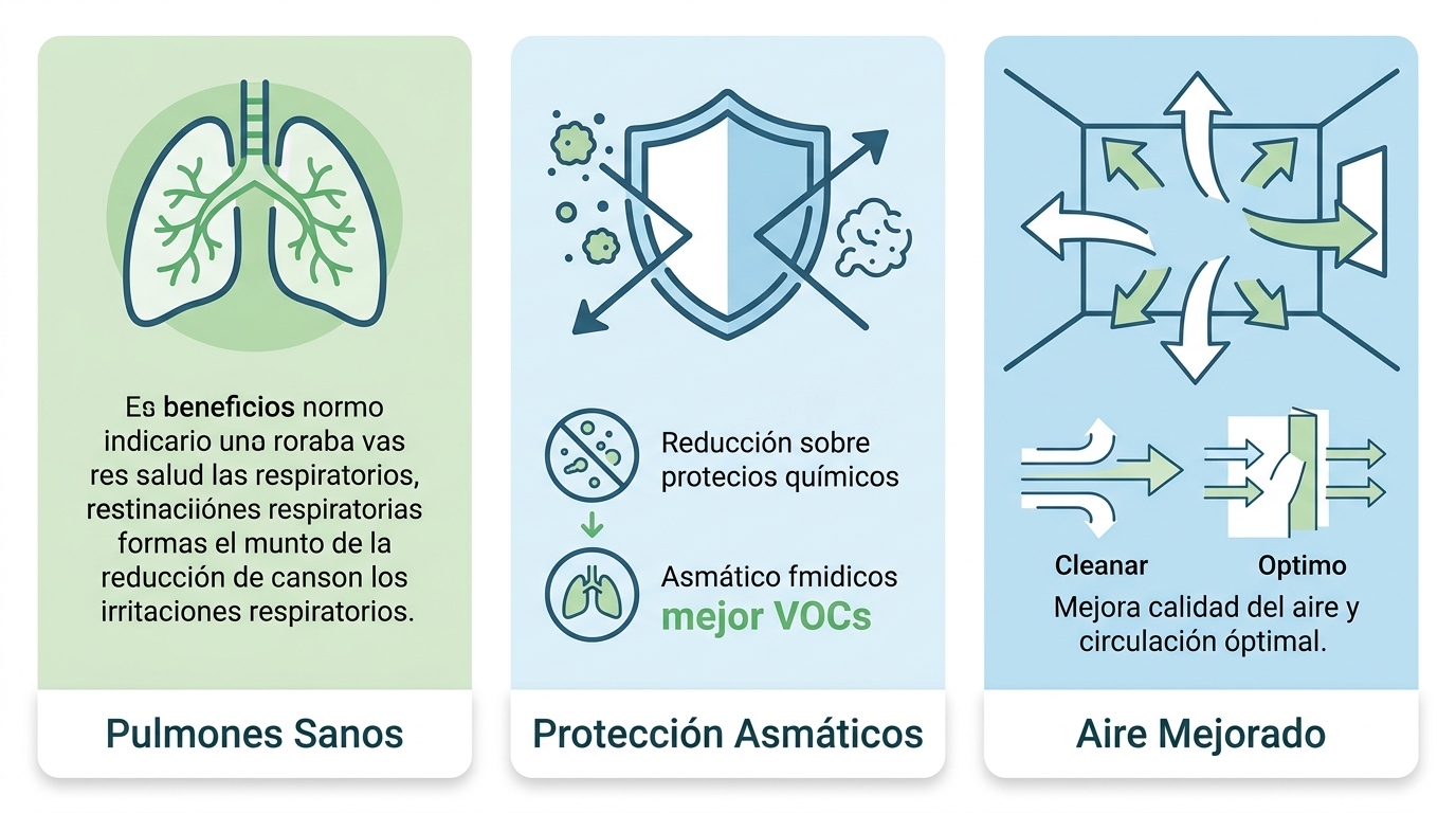 Infografía profesional destacando beneficios de pinturas de bajo olor para salud respiratoria: pulmones sanos, protección asmáticos y mejora aire interior