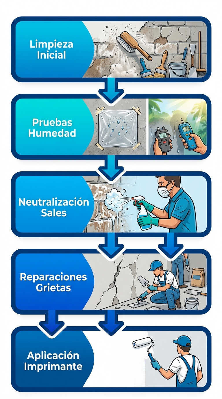 Diagrama de flujo vertical de cinco etapas para preparar superficies contra salitre