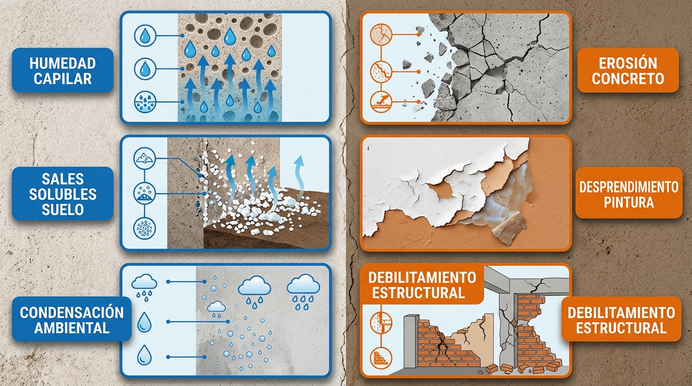 Infografía horizontal de causas principales y efectos destructivos del salitre en paredes venezolanas con íconos ilustrativos