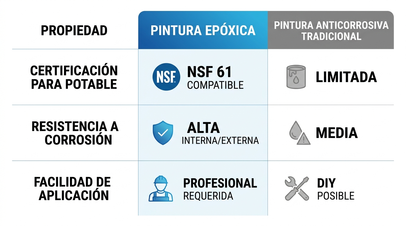 Infografía comparativa de pinturas epóxicas versus tradicionales para tanques y tuberías de agua potable, destacando certificaciones NSF 61, resistencia a corrosión y facilidad de aplicación.
