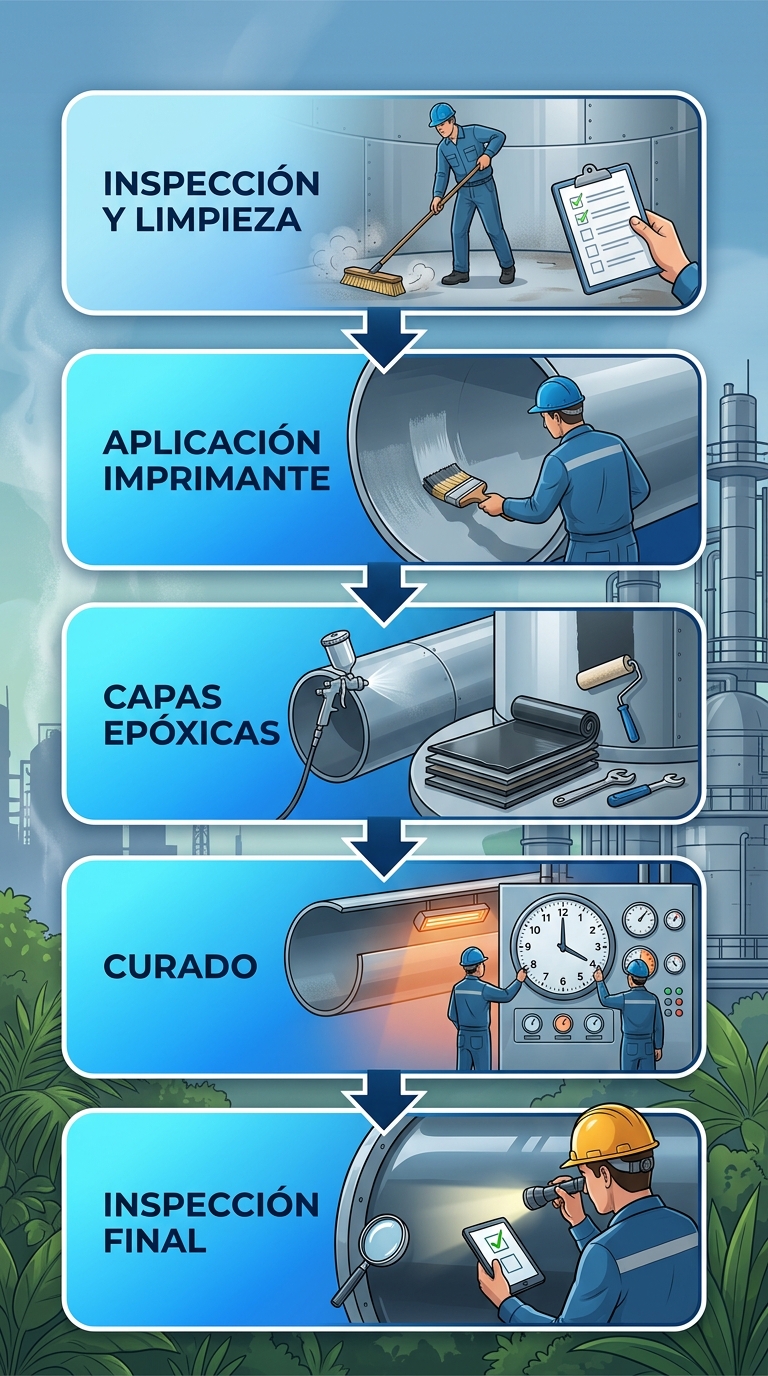 Diagrama de flujo vertical de cinco etapas para aplicación de recubrimientos epóxicos en instalaciones venezolanas con íconos representativos