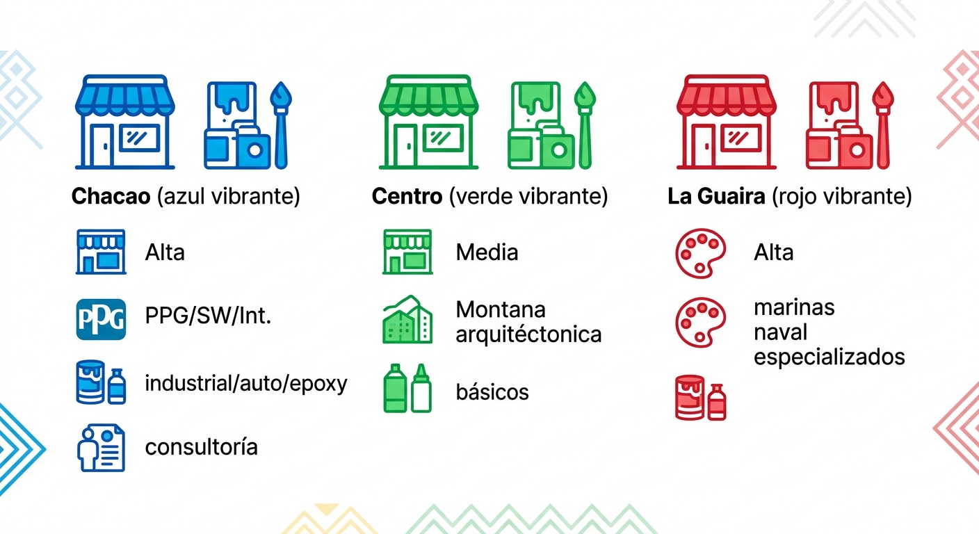 Infografia horizontal comparando zonas de Caracas: Chacao, Centro y La Guaira en variedad de pinturas, tipos especiales y servicios.