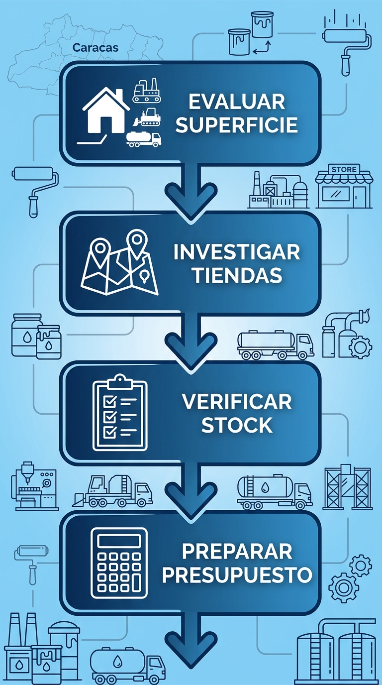 Diagrama de flujo vertical de cuatro etapas para comprar pinturas y recubrimientos en Caracas, con iconos y flechas.