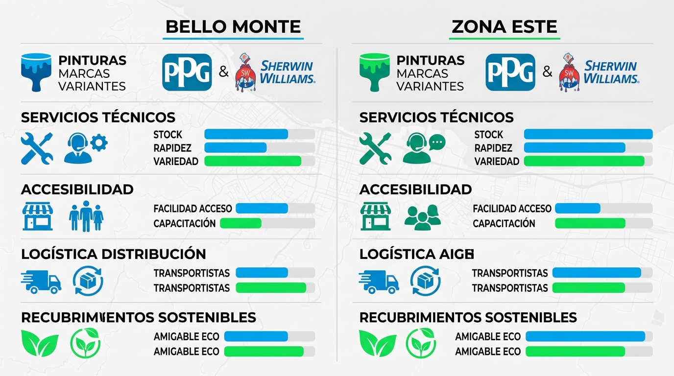 Infografía comparativa horizontal de áreas clave para compra de pinturas en Caracas: Bello Monte y Zona Este, con iconos de marcas, servicios y barras cualitativas.