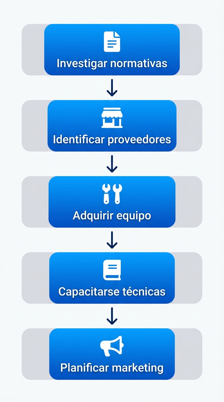 Diagrama de flujo vertical con cinco etapas ilustradas para comenzar con pintura en Caracas: normativas, proveedores, equipo, capacitación y marketing.