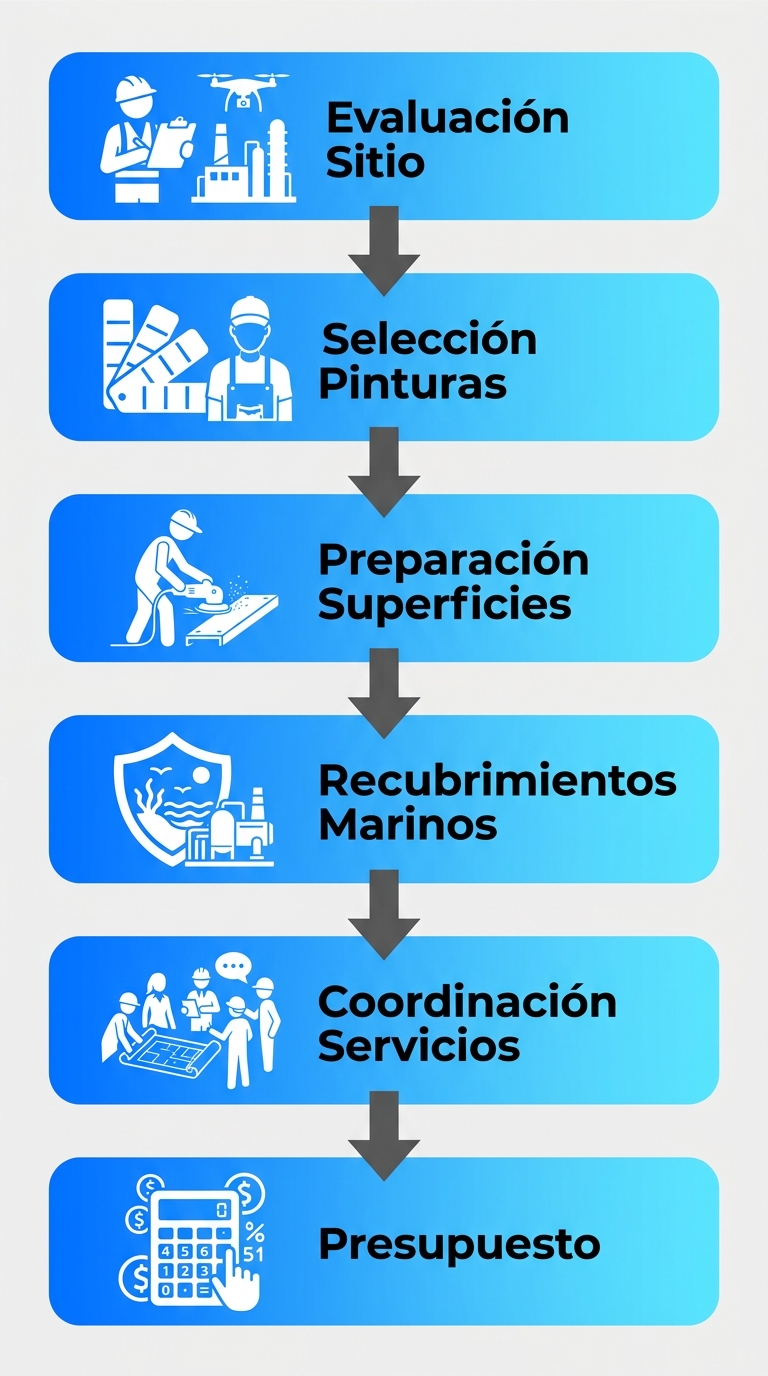 Diagrama de flujo vertical de seis etapas para iniciar proyectos de pintura en Bello Monte con íconos de inspección, paleta, lijado, escudo, equipo y calculadora
