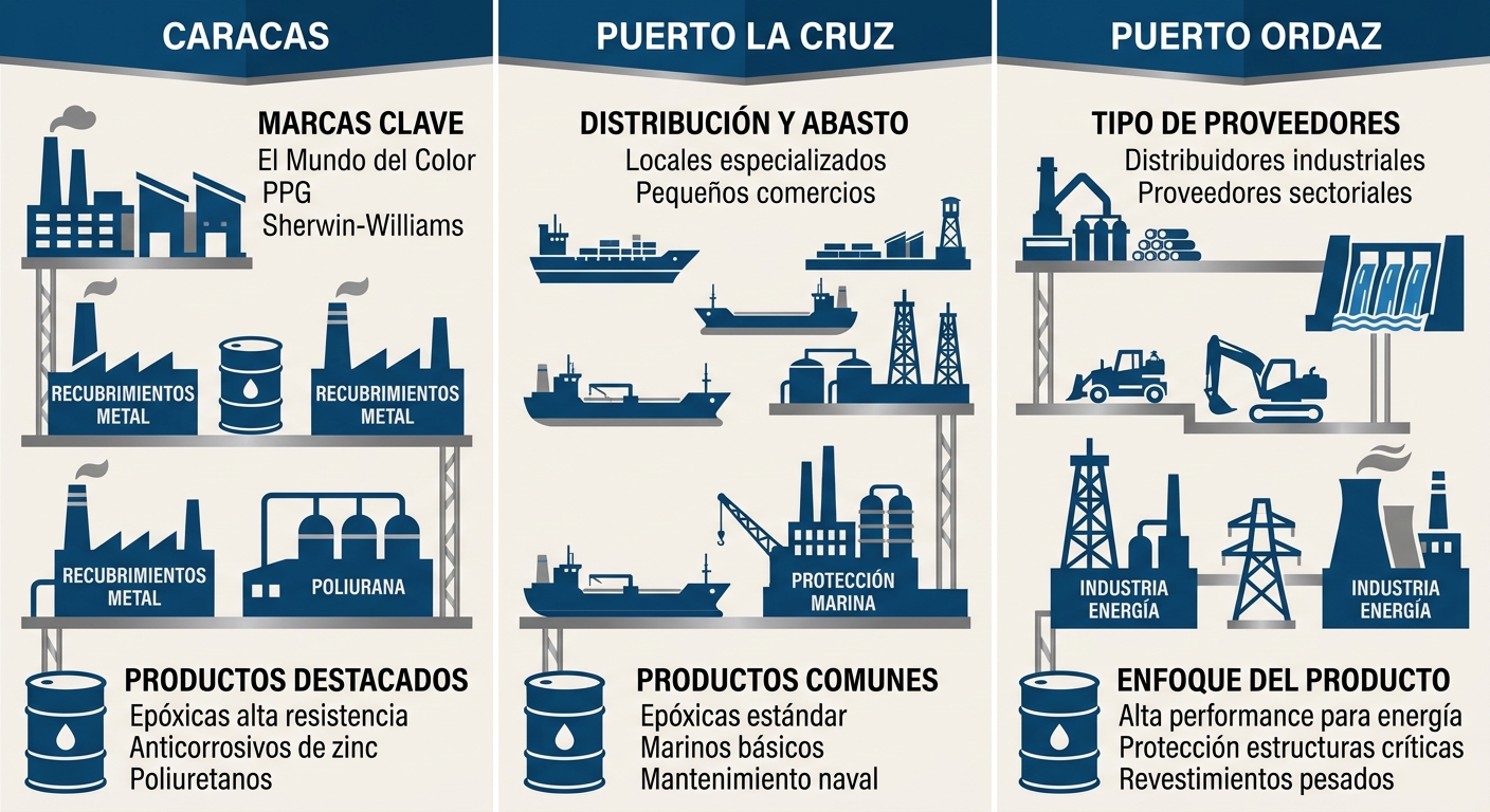 Infografía comparativa del mercado de pintura industrial en Caracas, Puerto La Cruz y Puerto Ordaz con iconos y etiquetas mínimas