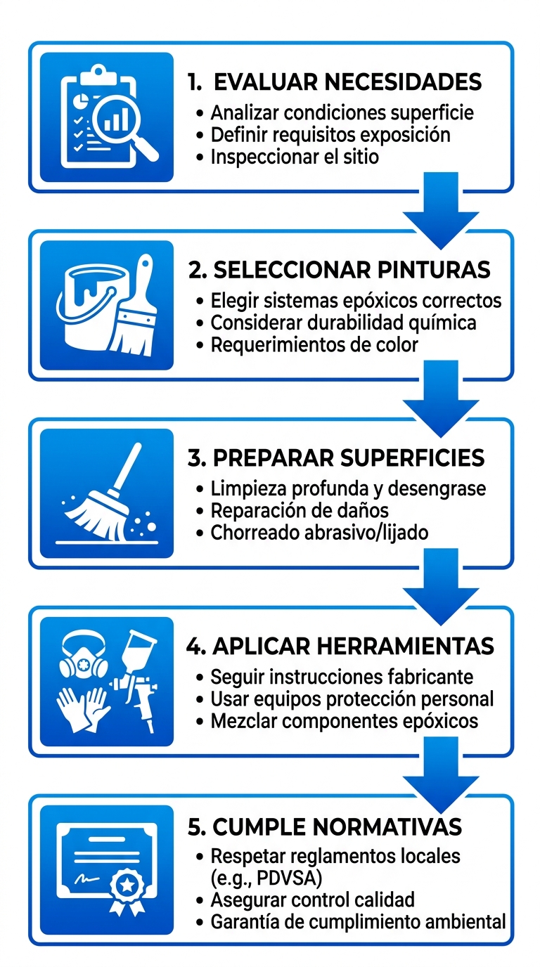 Diagrama de flujo vertical de cinco etapas para empezar proyectos de pintura industrial en Caracas