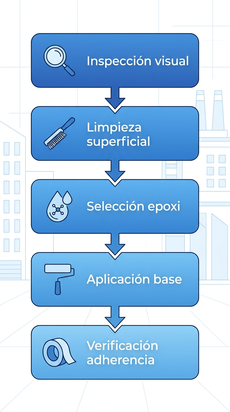 Diagrama de flujo vertical de cinco etapas para iniciar proyectos de pintura industrial, con íconos y flechas conectadas.