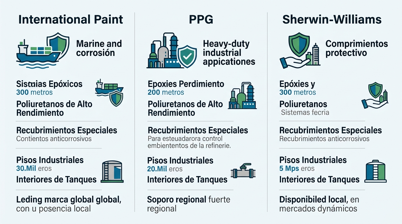 Infografía horizontal comparando marcas de pinturas industriales International Paint, PPG y Sherwin-Williams en Puerto La Cruz: productos, aplicaciones y disponibilidad.
