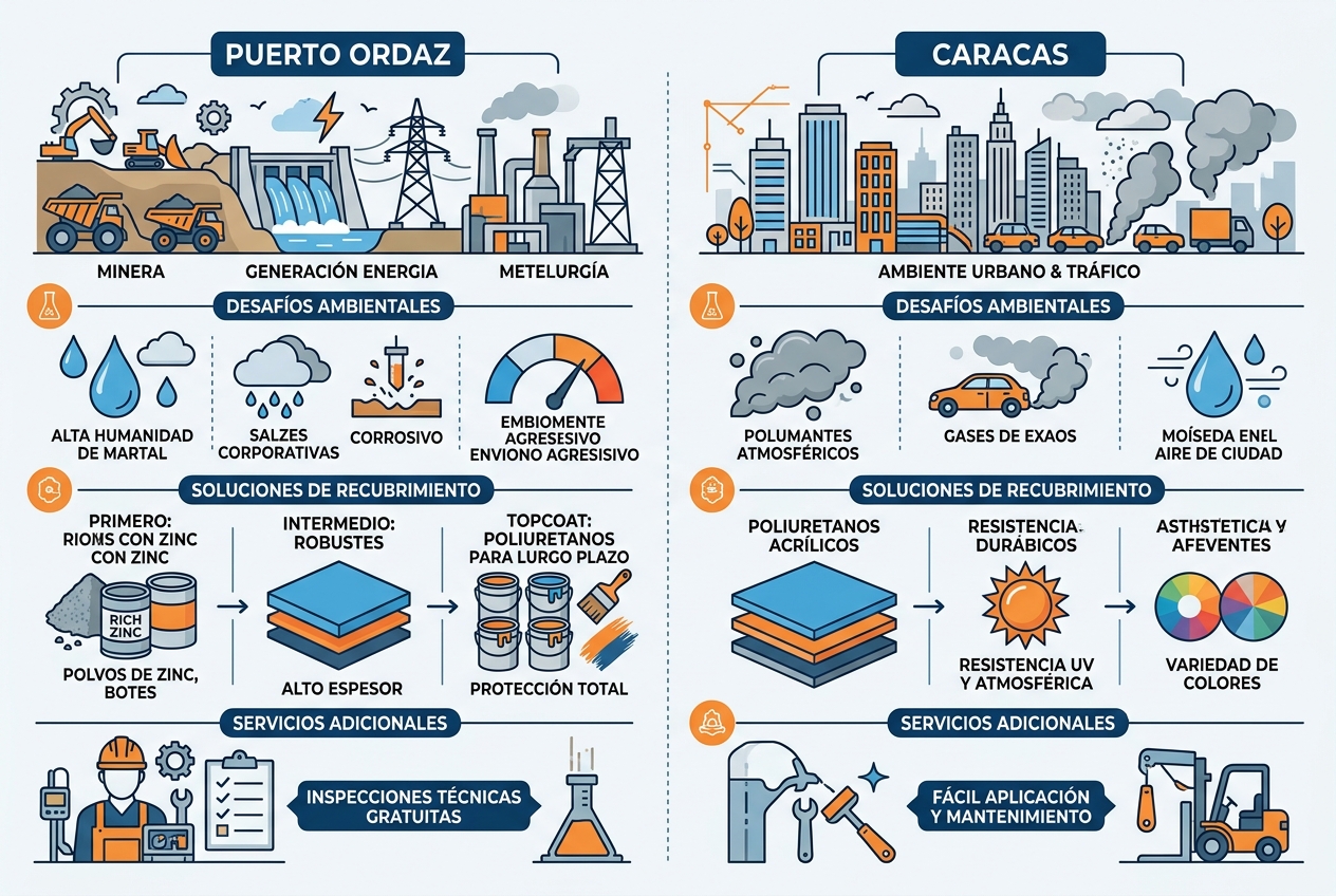 Infografía comparativa de recubrimientos industriales en Puerto Ordaz y Caracas con iconos y datos clave