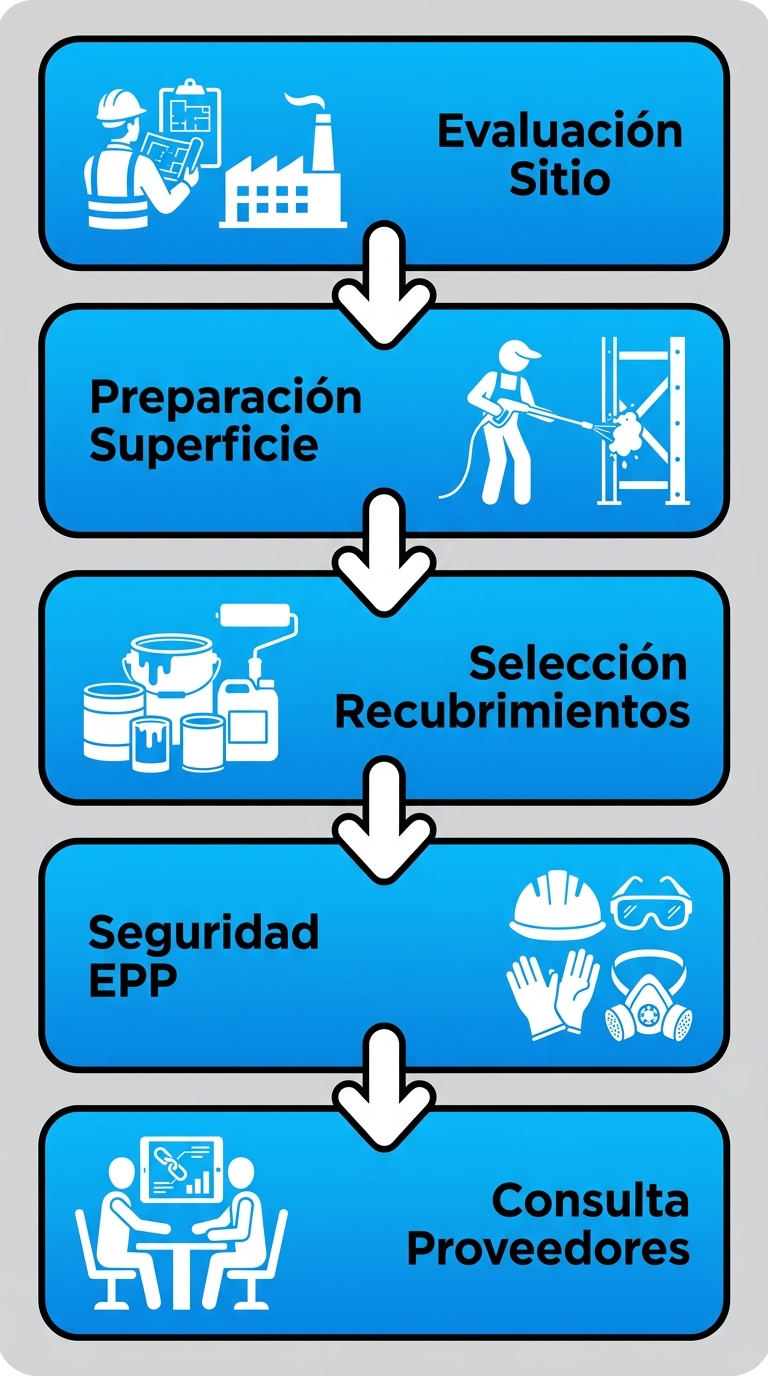 Diagrama de flujo vertical de cinco etapas para iniciar un proyecto de pintura industrial: evaluación del sitio, preparación de superficie, selección de recubrimientos, seguridad y consulta a proveedores locales en Puerto Ordaz.