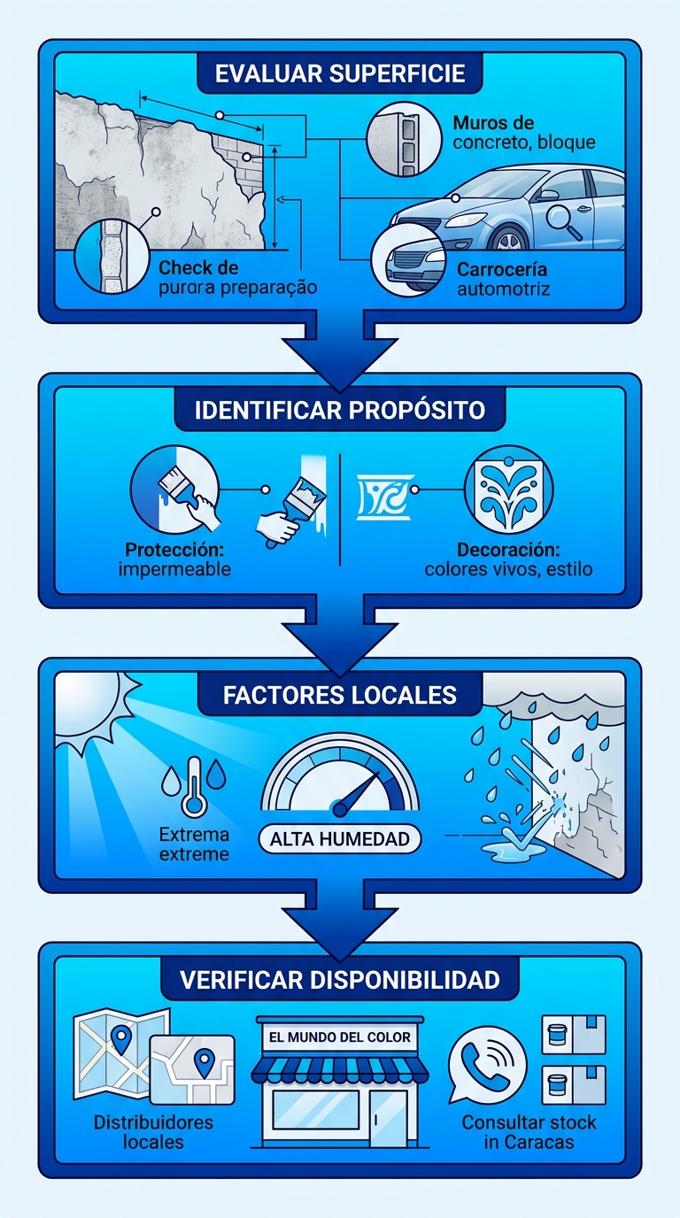 Flujo de proceso vertical con cuatro etapas para pasos iniciales al comprar pintura: evaluar superficie, propósito, factores locales y disponibilidad en Caracas