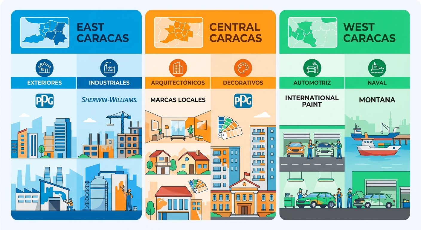 Infografía horizontal del mercado de pinturas en Caracas, dividida en Este, Oeste y Centro con marcas y tipos de recubrimientos específicos.
