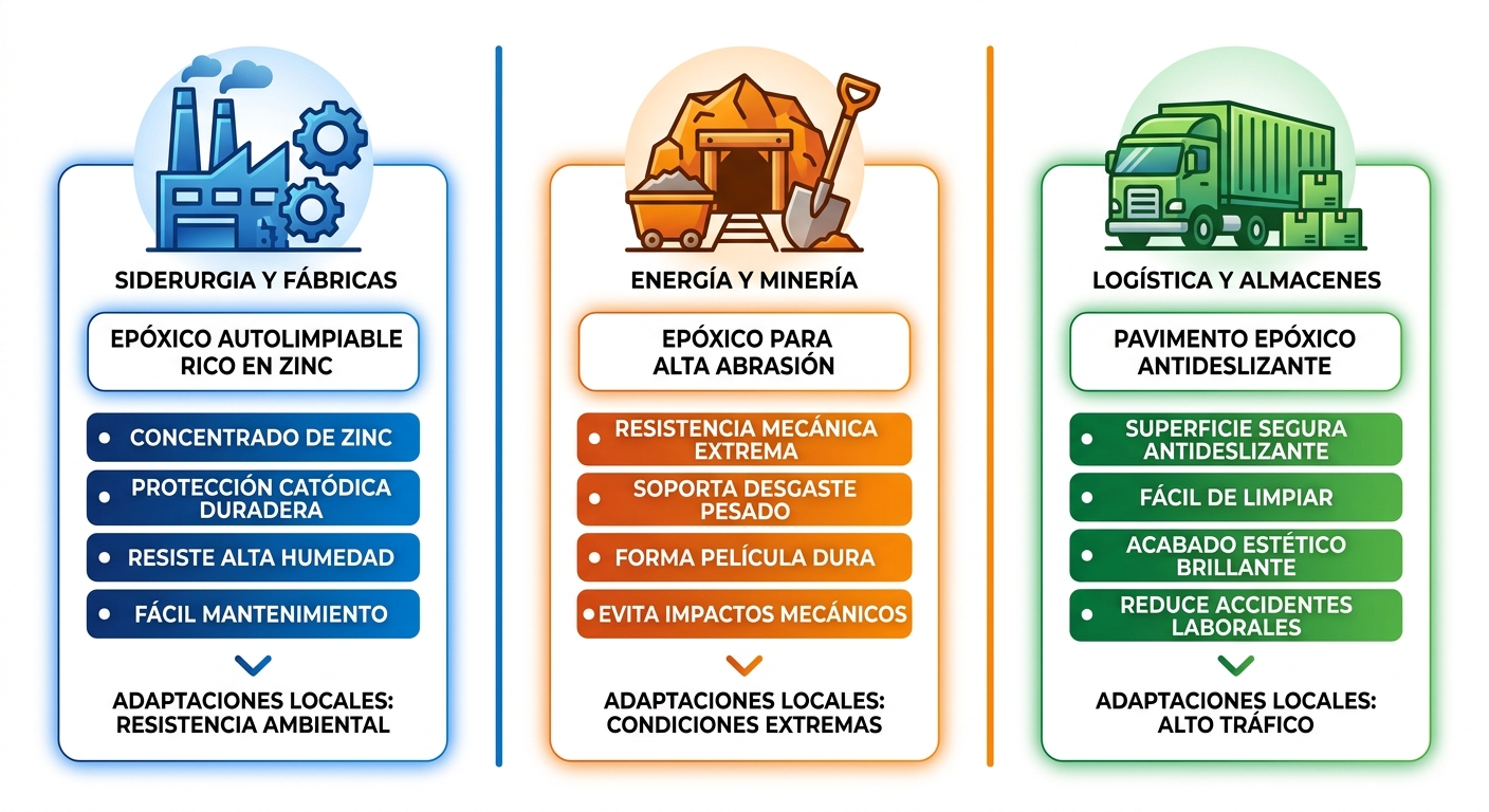 Infografía horizontal comparando aplicaciones de revestimientos epóxicos en siderurgia, minería y logística industrial de Puerto Ordaz con íconos y beneficios clave.