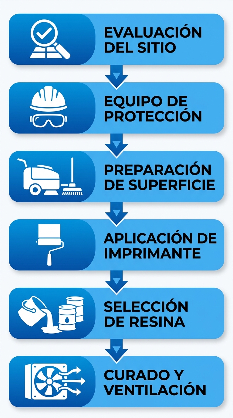 Diagrama de flujo vertical de seis etapas para aplicar pisos epóxicos industriales en Puerto Ordaz, destacando evaluación, protección y curado.