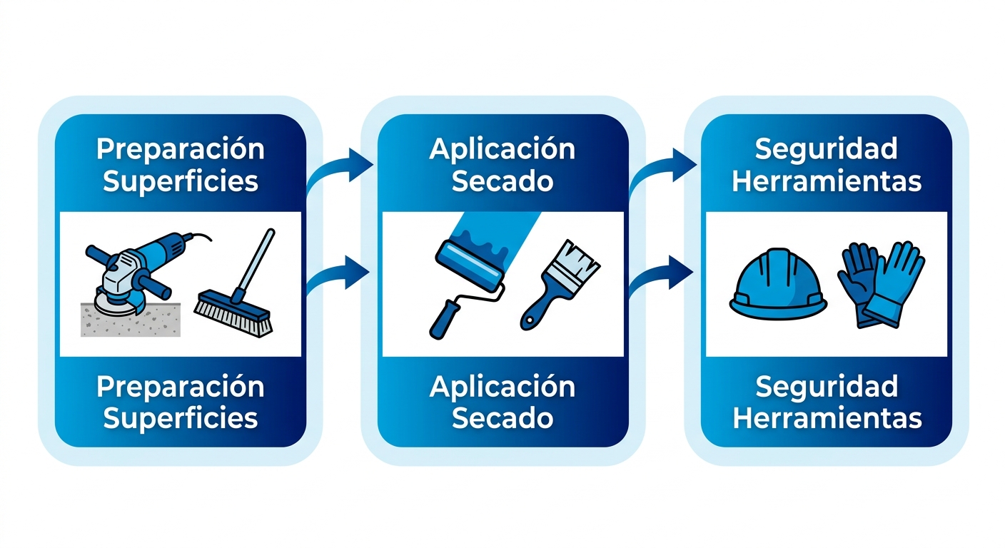 Diagrama de flujo horizontal de tres etapas de aplicación de pintura epóxica: preparación, aplicación y seguridad con iconos ilustrativos
