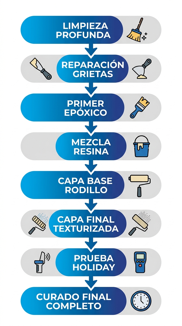 Diagrama de flujo vertical de 8 etapas para aplicar resina epóxica en pisos de concreto: limpieza, reparación, primer, mezcla, capas, prueba de holiday y curado con íconos.