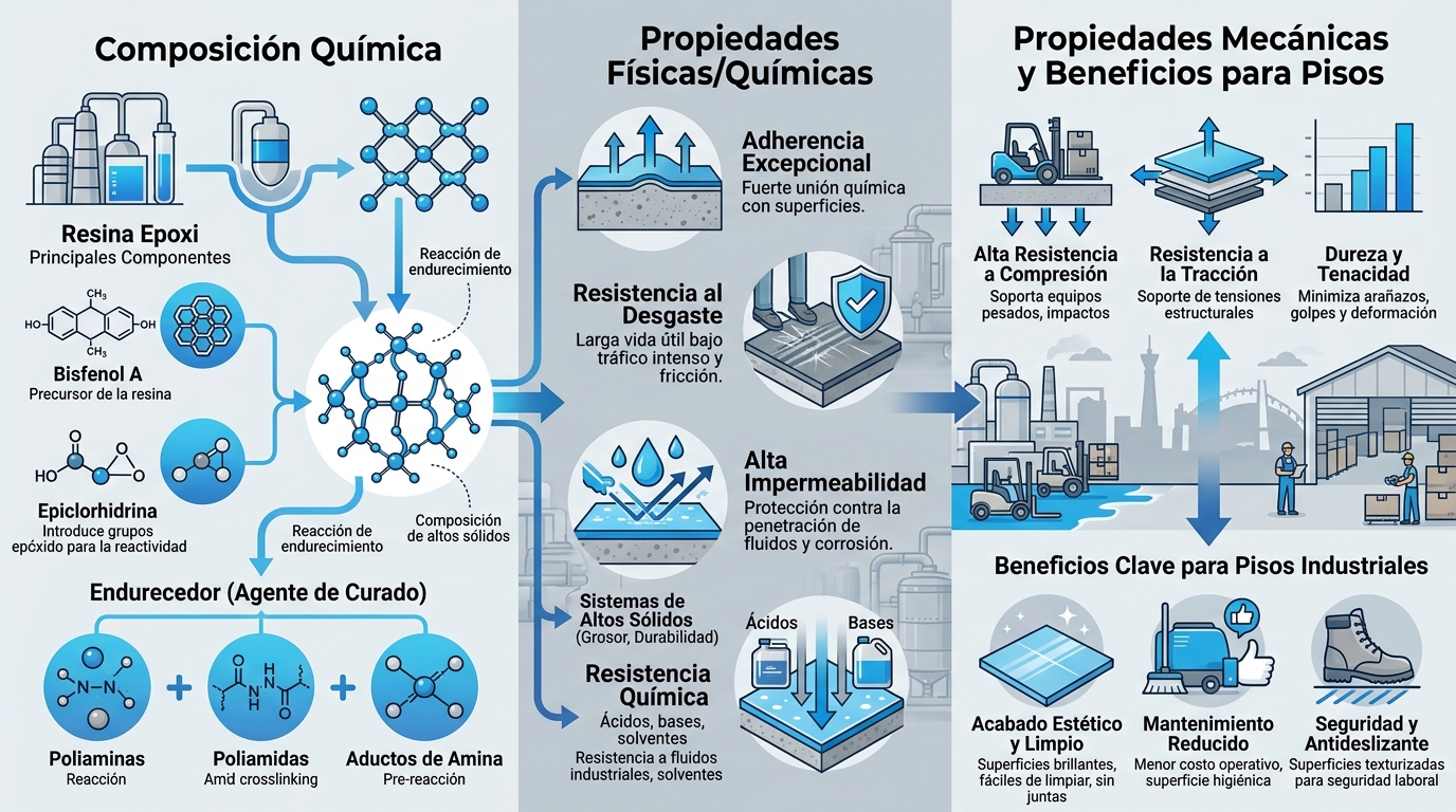 Infografía de propiedades físicas, químicas y mecánicas de la resina epóxica con composición y beneficios para pisos industriales