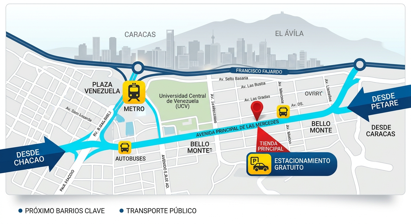 Infografía clara de ubicación accesible de El Mundo del Color en Zona Este de Caracas con mapa, íconos de transporte y beneficios