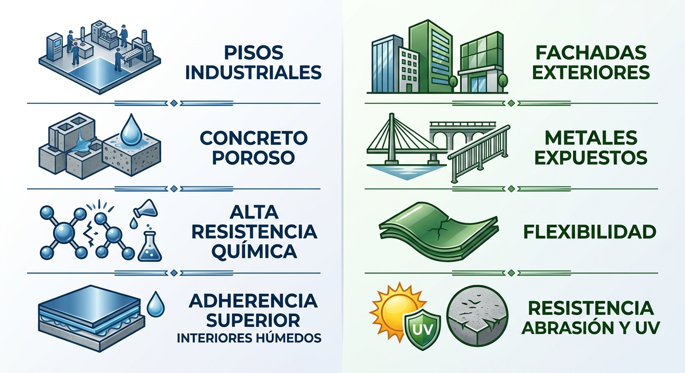 Infografía comparativa de pinturas epóxi y poliuretano mostrando propiedades clave, íconos y usos recomendados para construcción en Caracas