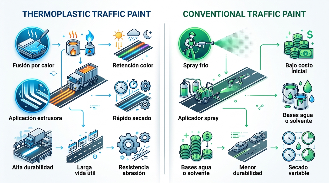 Infografía comparativa de pinturas de tráfico termoplásticas y convencionales con iconos de aplicación y ventajas