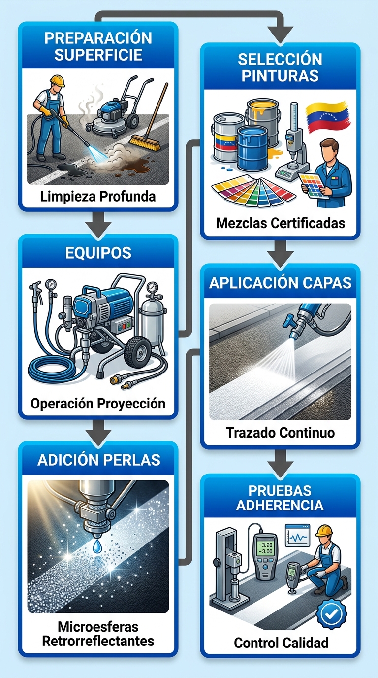 Diagrama de flujo vertical de seis etapas para aplicar pinturas de tráfico en pavimentos venezolanos, incluyendo preparación, selección y pruebas.