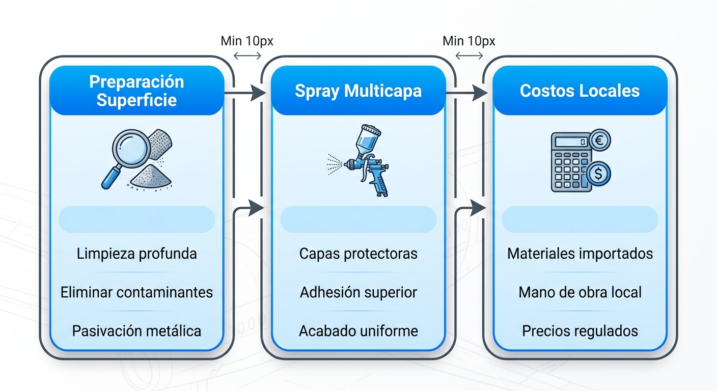 Diagrama de flujo horizontal de tres etapas para aplicación de pinturas aeronáuticas: preparación de superficie, técnicas de spray multicapa y costos locales en Venezuela