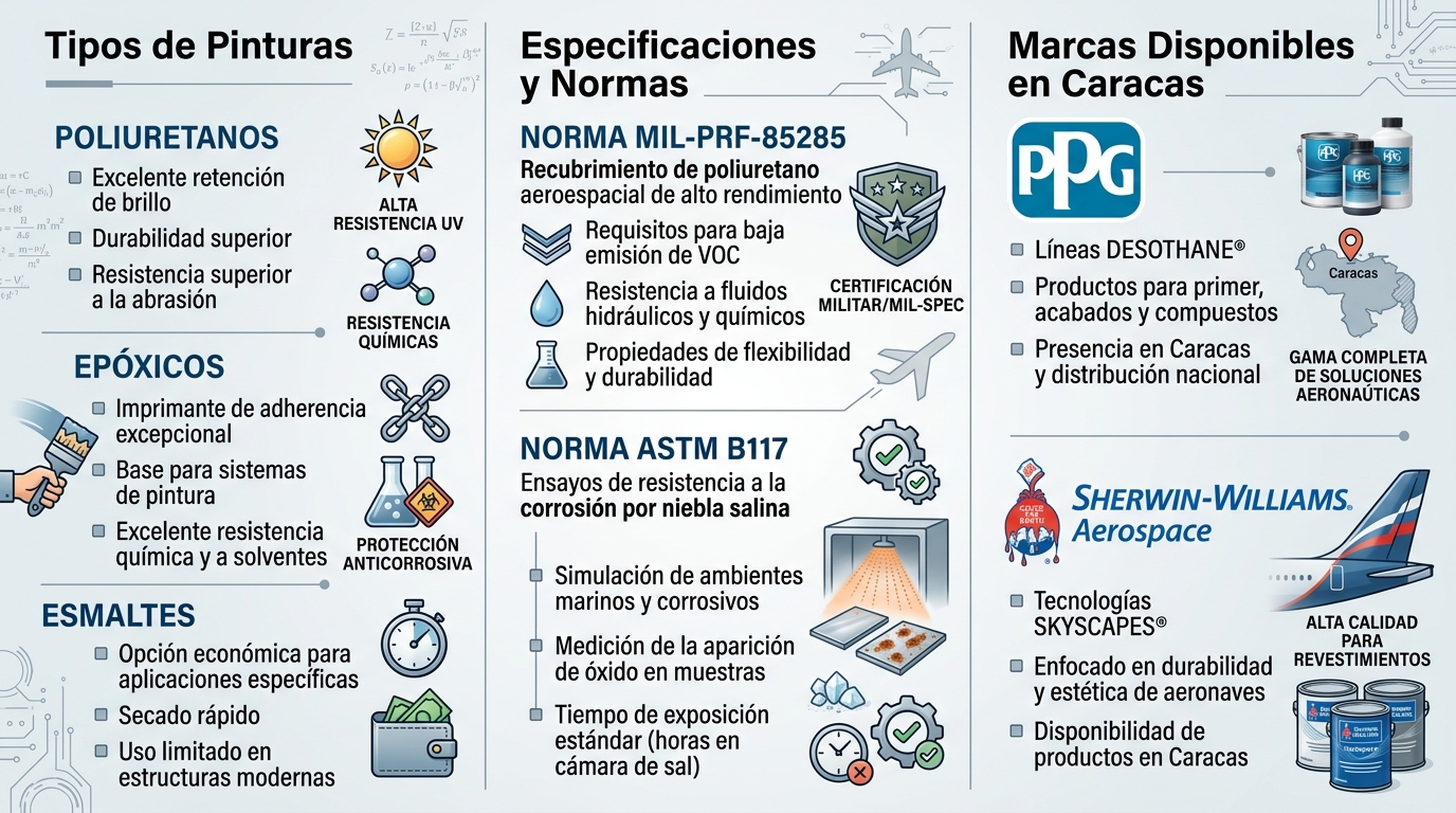 Infografía horizontal de tres columnas sobre pinturas aeronáuticas: tipos, especificaciones de calidad y marcas disponibles en Caracas