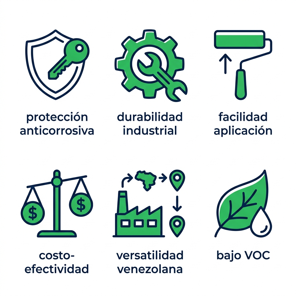 Conjunto de 6 iconos ilustrando ventajas de sistemas alquídicos