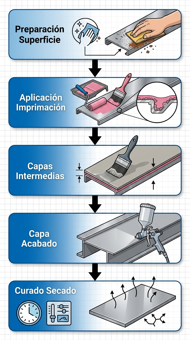 Diagrama de flujo vertical de cinco etapas para la aplicación de sistemas alquídicos