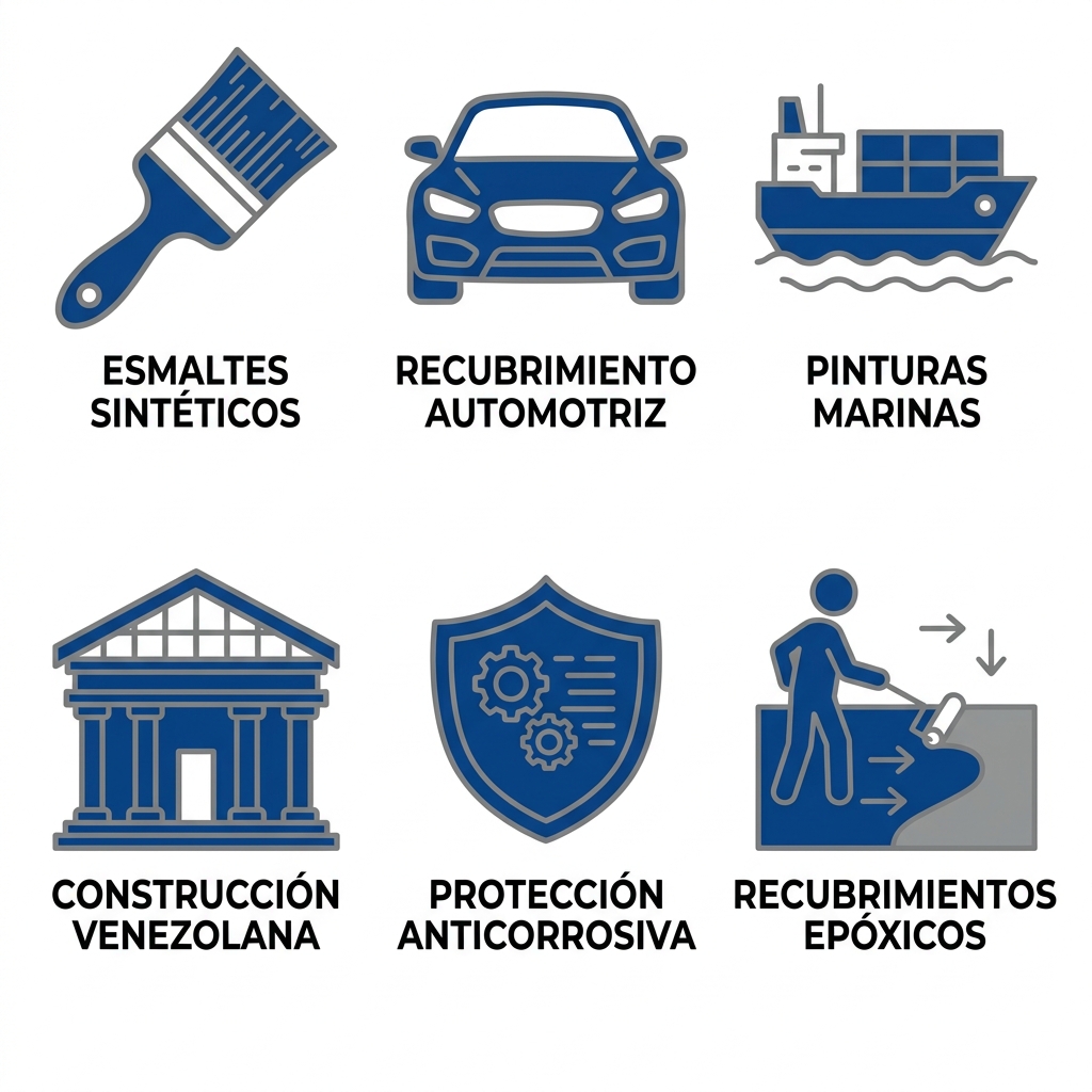 Cuadrícula 2x3 de iconos planos ilustrando aplicaciones de resinas alquídicas: esmaltes sintéticos, automotriz, marina, construcción, anticorrosivos y epóxicos.