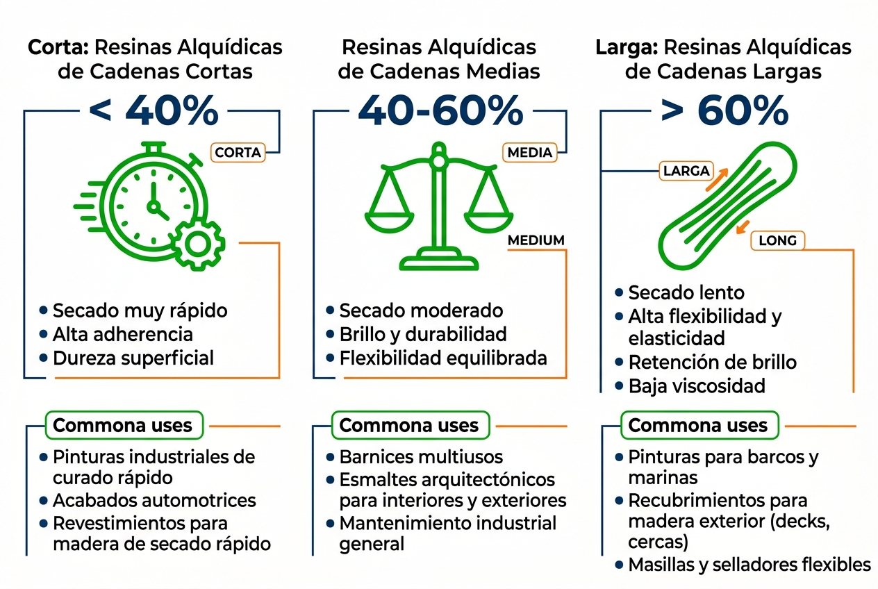 Infografía comparativa de resinas alquídicas corta, media y larga con íconos de reloj, balanza y elástico, propiedades clave y usos
