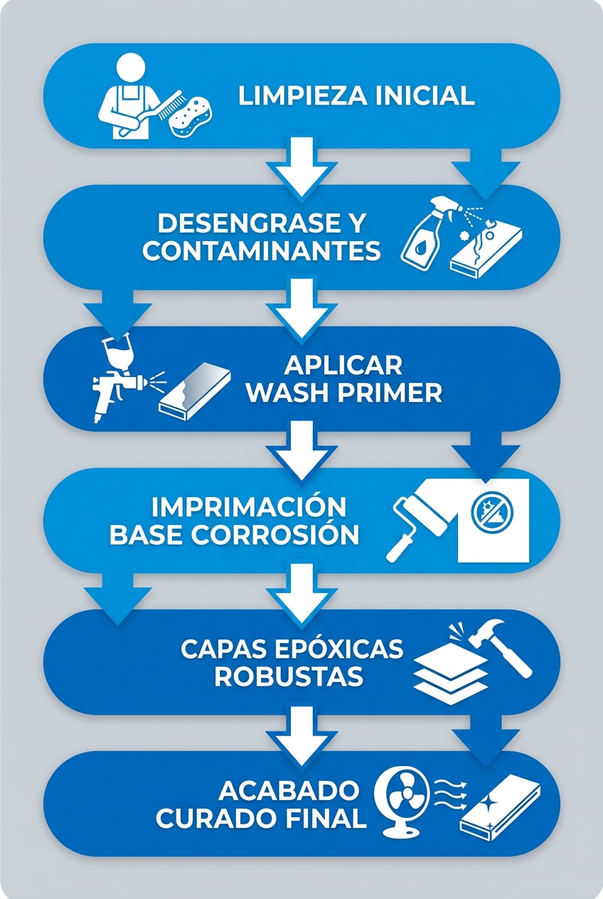 Diagrama de flujo vertical de seis pasos para aplicar pinturas correctamente en aluminio y metal galvanizado en Caracas