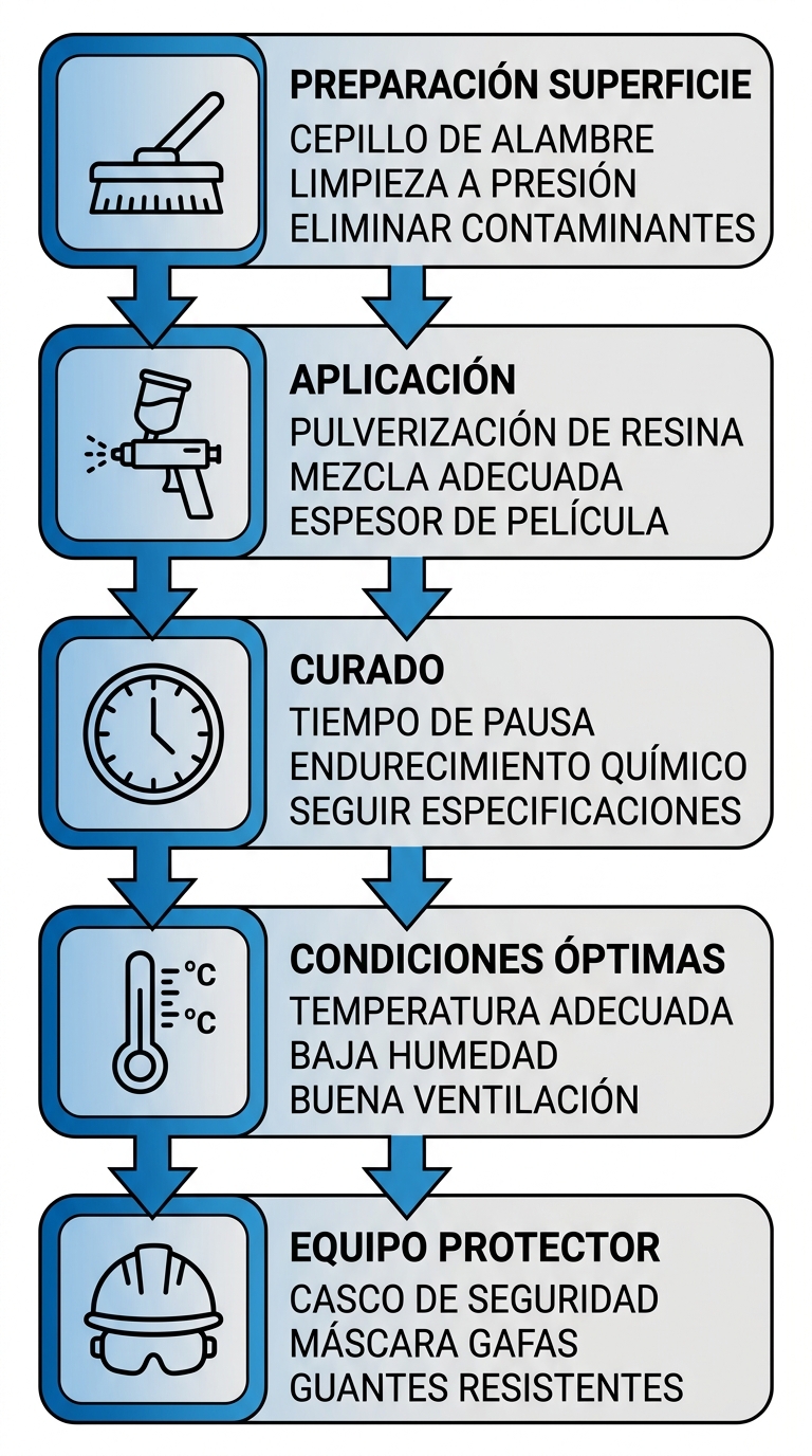 Diagrama de flujo vertical de cinco etapas para la aplicaciu00f3n de resina uretana: preparaciu00f3n de superficie, aplicaciu00f3n, curado, condiciones u00f3ptimas y equipo protector con iconos.