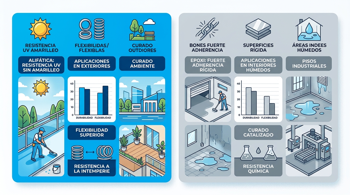 Infografu00eda comparativa de resina uretana alifu00e1tica versus resina epoxi, destacando resistencia UV, flexibilidad, adherencia y aplicaciones.
