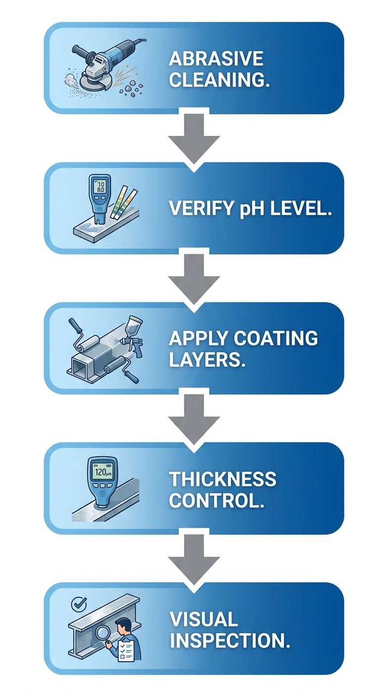 Diagrama de flujo vertical de cinco etapas para aplicación de primers en metales galvanizados con iconos y flechas.