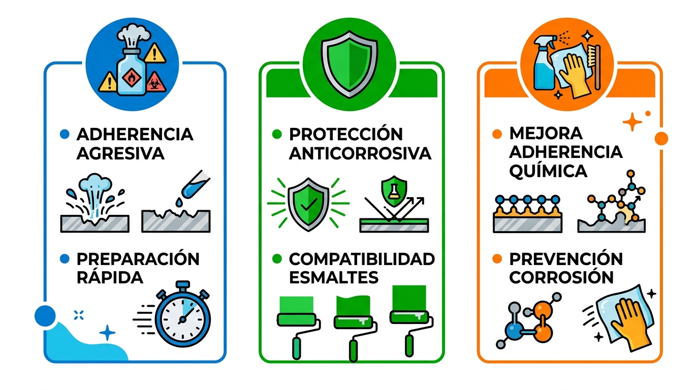 Infografía comparativa de tres tipos de primers galvanizados con iconos y ventajas clave: etching, cromato de zinc y wash primer.