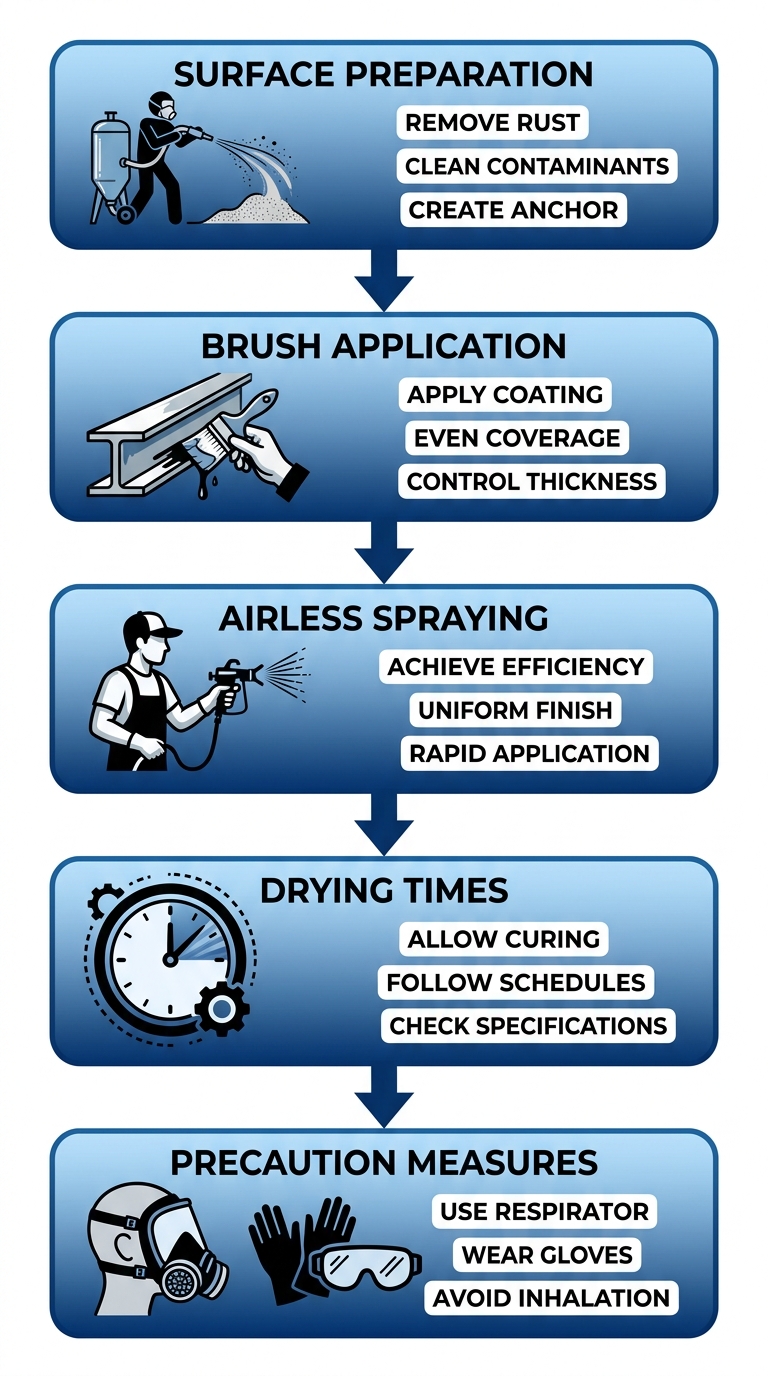 Diagrama de flujo vertical de cinco etapas para la aplicaciu00f3n del primer epoxi rico en zinc con u00edconos y conexiones.