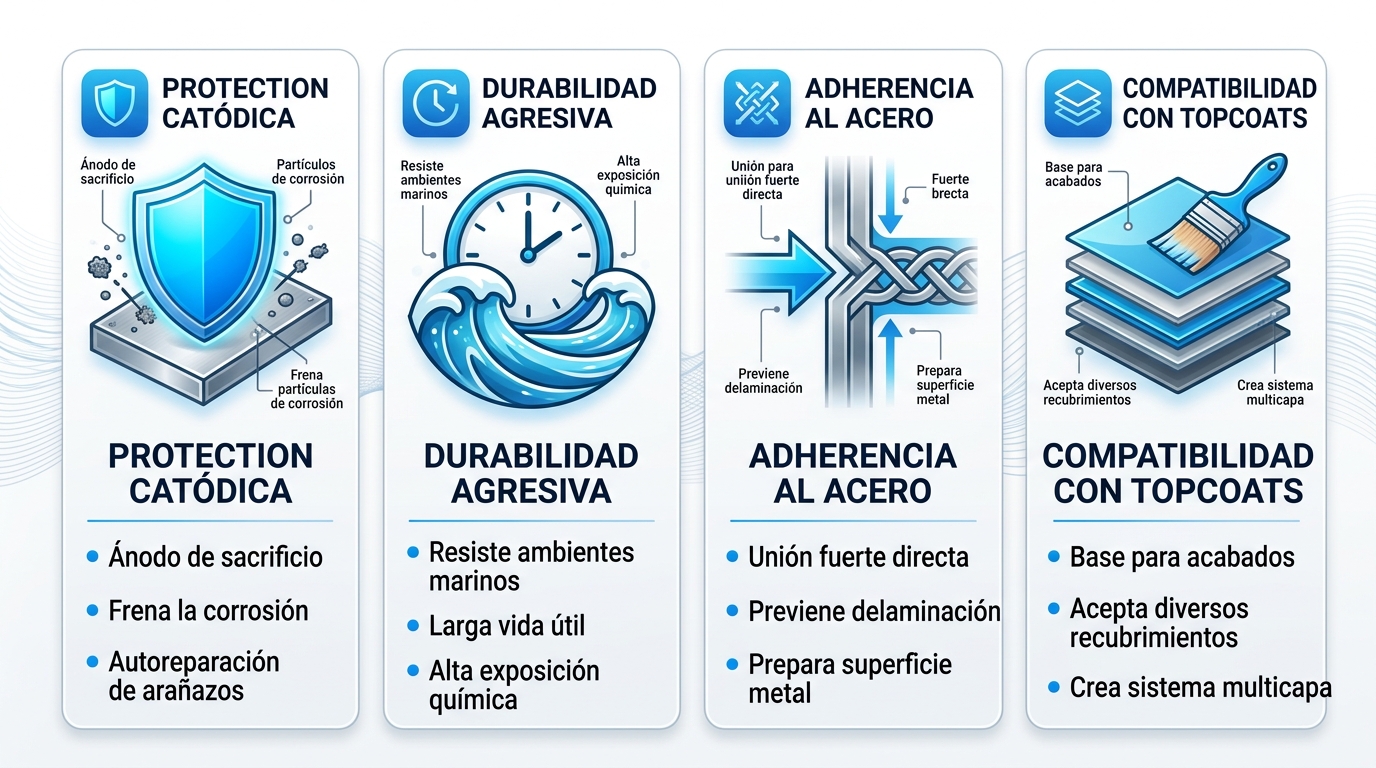 Infografu00eda ilustrando ventajas de la imprimaciu00f3n epoxi rica en zinc: protecciu00f3n catu00f3dica, durabilidad en ambientes agresivos, adherencia al acero y compatibilidad con topcoats.